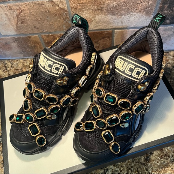 GUCCI Women's Flashtrek Crystals Black Emerald Sneakers - Picture 10 of 13